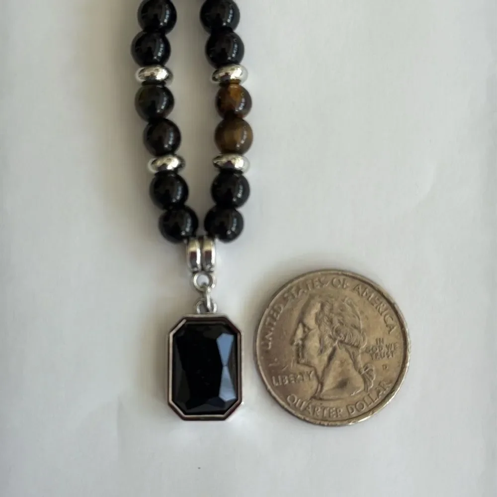 Men’s Tiger Eye & Black Bead Pendant Necklace